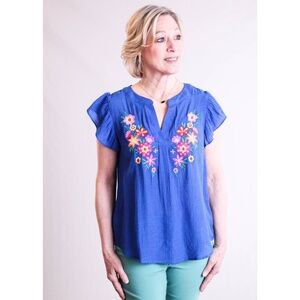 Blu Pepper Flutter Sleeve Blouse with Embroidered Flowers